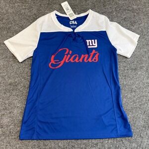 New York Giants Women's Lace-Up T-Shirt Medium NWT Blue White Mesh Shoulders NFL